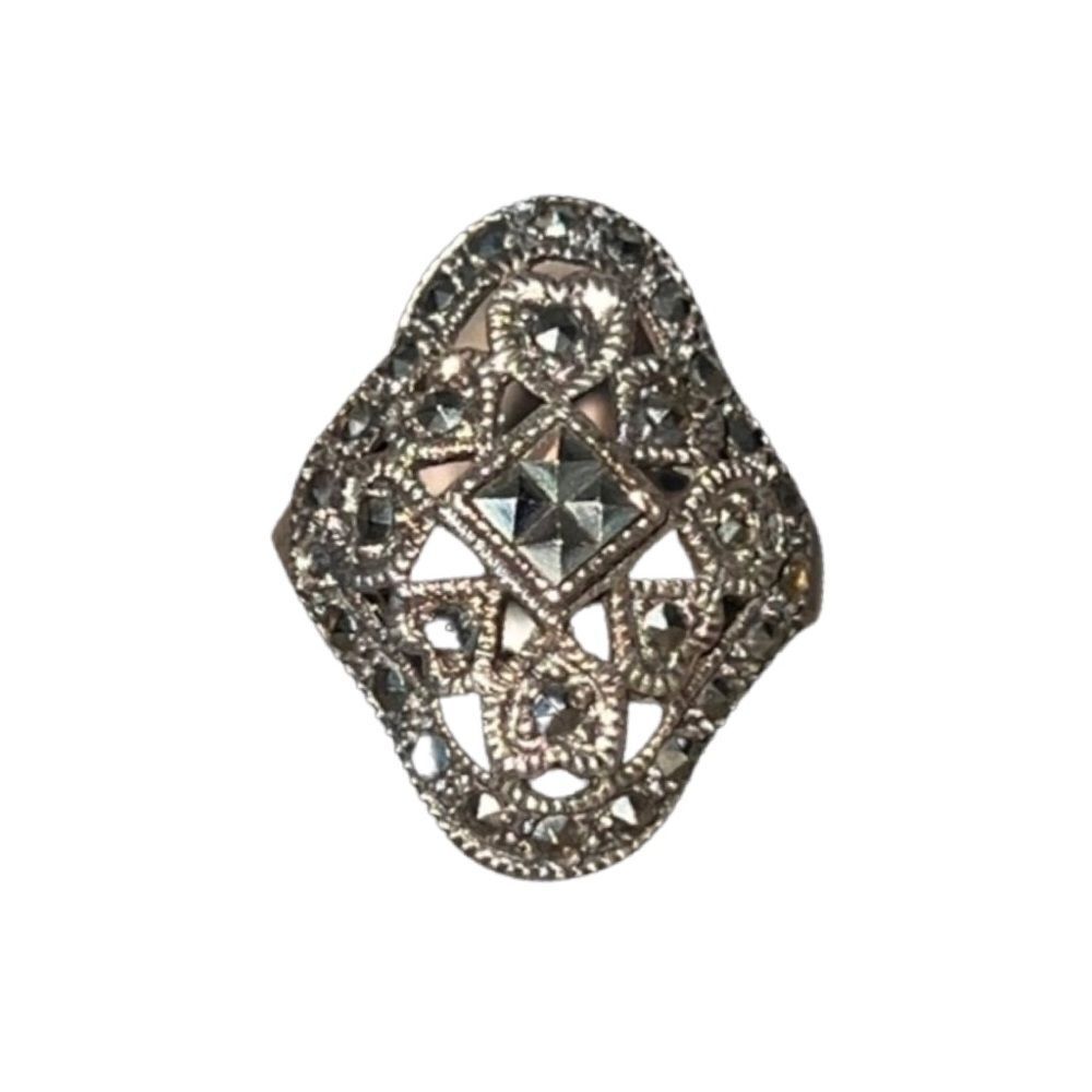 Vintage Sterling Silver & Marcasite Art Deco Circling Hearts Ring Size 7